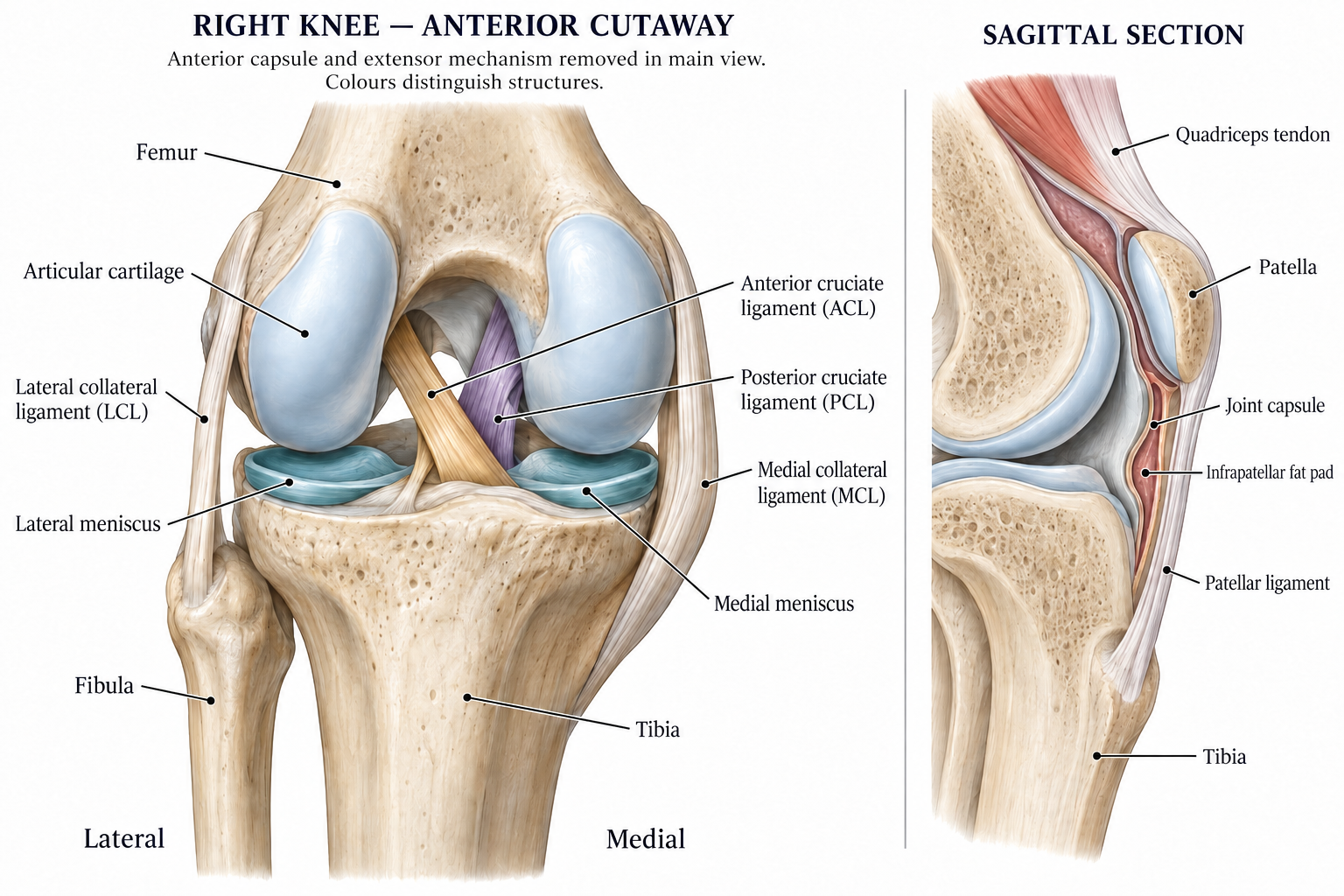 Right knee viewed from the front with the anterior capsule and extensor mechanism removed, alongside a sagittal section. Coloured tissues distinguish bones, cartilage, menisci, ligaments and tendons.