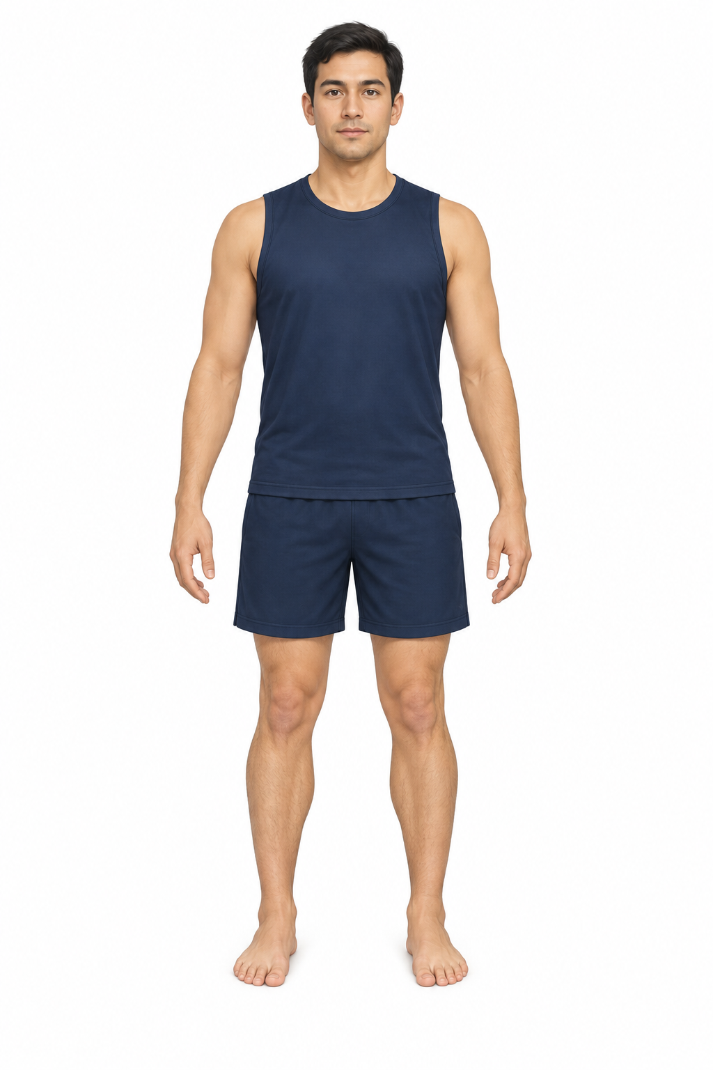 Full-length adult facing forwards in a sleeveless top and shorts, with both knees visible. The person's right knee is on your left.